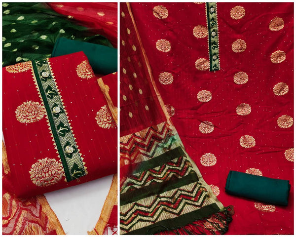 Enchanting Red Color Jacquard Sequence Straight Cut Chudidhar