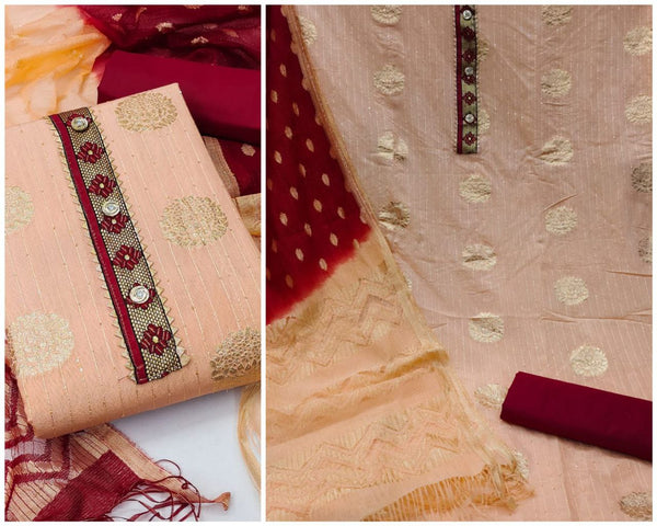 Delightful Peach Color Jacquard Sequence Straight Cut Chudidhar