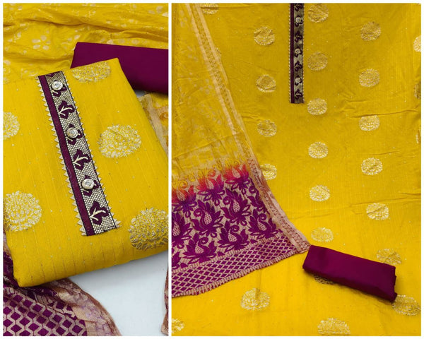 Attractive Yellow Color Jacquard Sequence Straight Cut Chudidhar