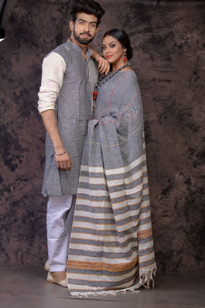 GIZMO GREY- HANDLOOM PURE COTTON SAREE-KURTA COUPLE SET