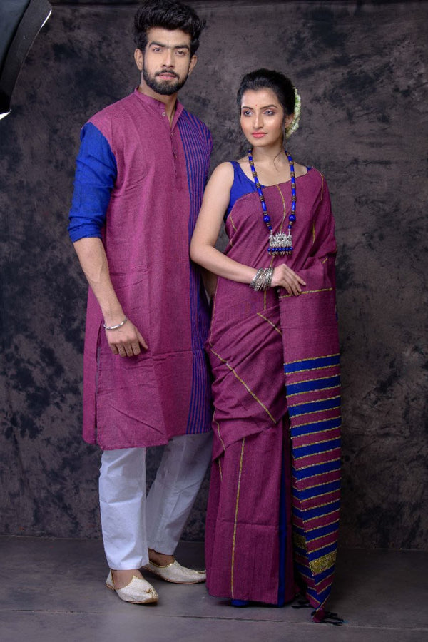 MAGICAL MAGENTA- HANDLOOM PURE COTTON SAREE-KURTA COUPLE SET