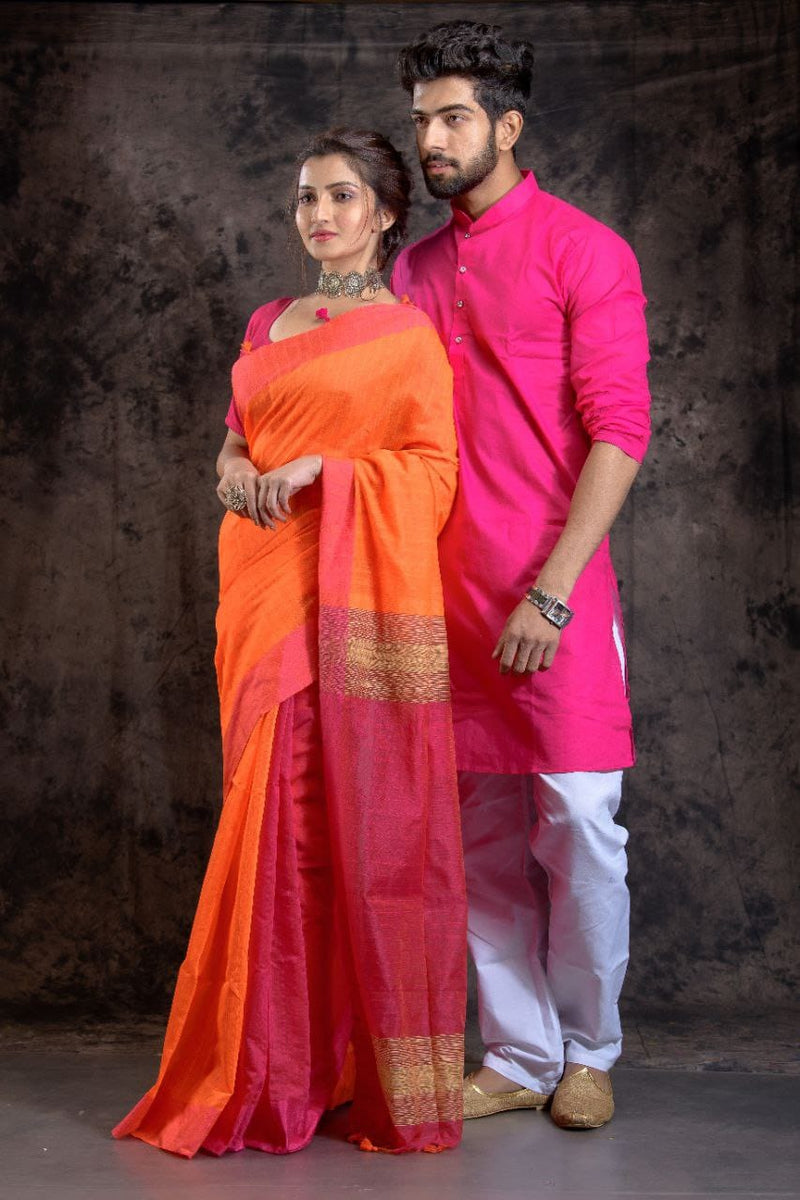 Buy Dheu Maroon & Blue Handloom Cotton Silk Saree & Kurta Festive Couple Set-  (Size- XXXL) Online at Best Prices in India - JioMart.