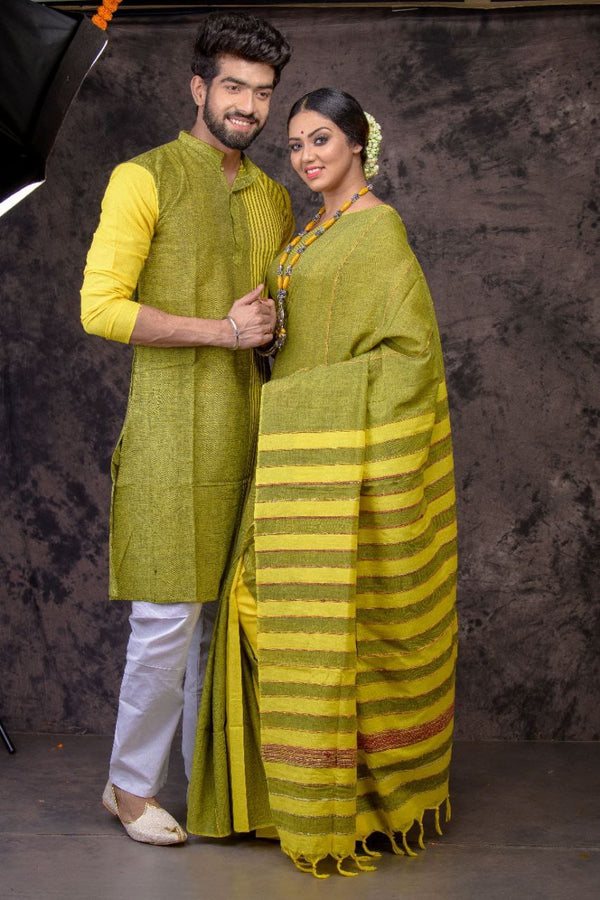 MOSS GREEN-HANDLOOM PURE COTTON SAREE-KURTA COUPLE SET