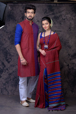 MADLY MAROON- HANDLOOM PURE COTTON SAREE-KURTA COUPLE SET