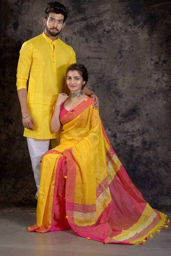 HANDLOOM YELLOW COLOR SAREE-KURTA COUPLE SET