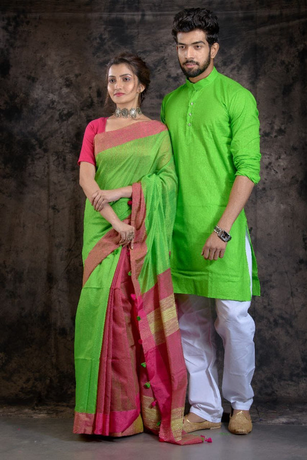 HANDLOOM Green Color SAREE-KURTA COUPLE SET