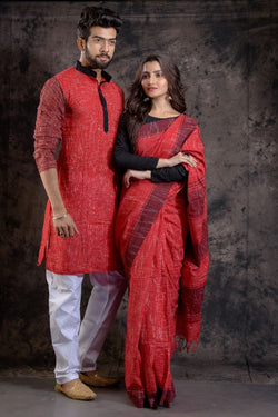 HANDLOOM PURE COTTON JHARNA-KHADI SAREE-KURTA COUPLE SET