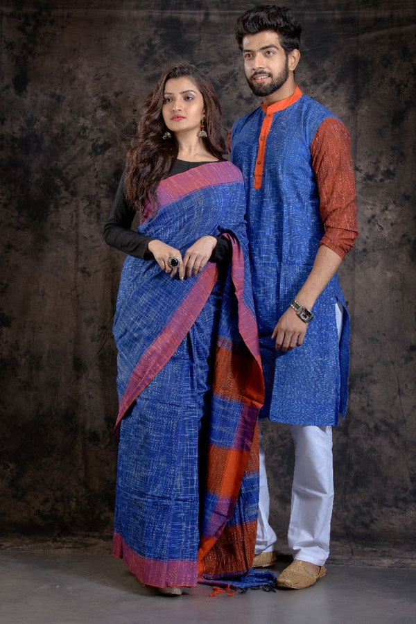 HANDLOOM PURE COTTON JHARNA-KHADI SAREE-KURTA COUPLE SET