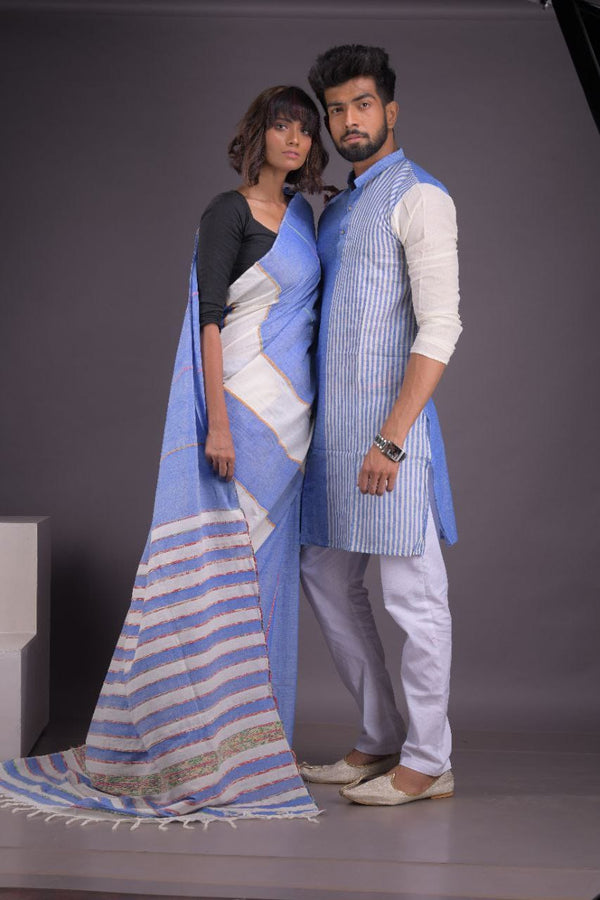 HANDLOOM Sky Blue-White COLOR PURE COTTON SAREE-KURTA COUPLE SET