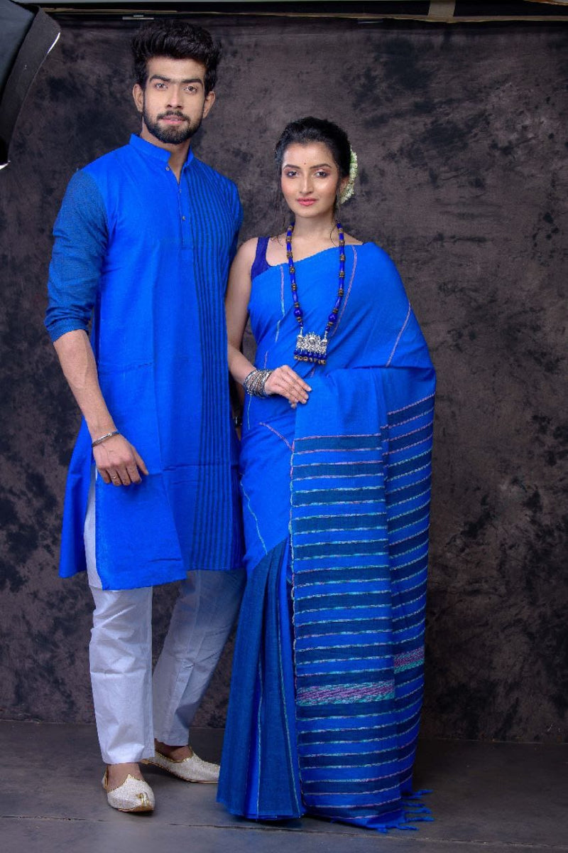 Buy Designer Saree and Punjabi Couple Set With Embroidery Work Pure Cotton  Mens Kurta Authentic Cotton Saree With Blouse Online in India - Etsy