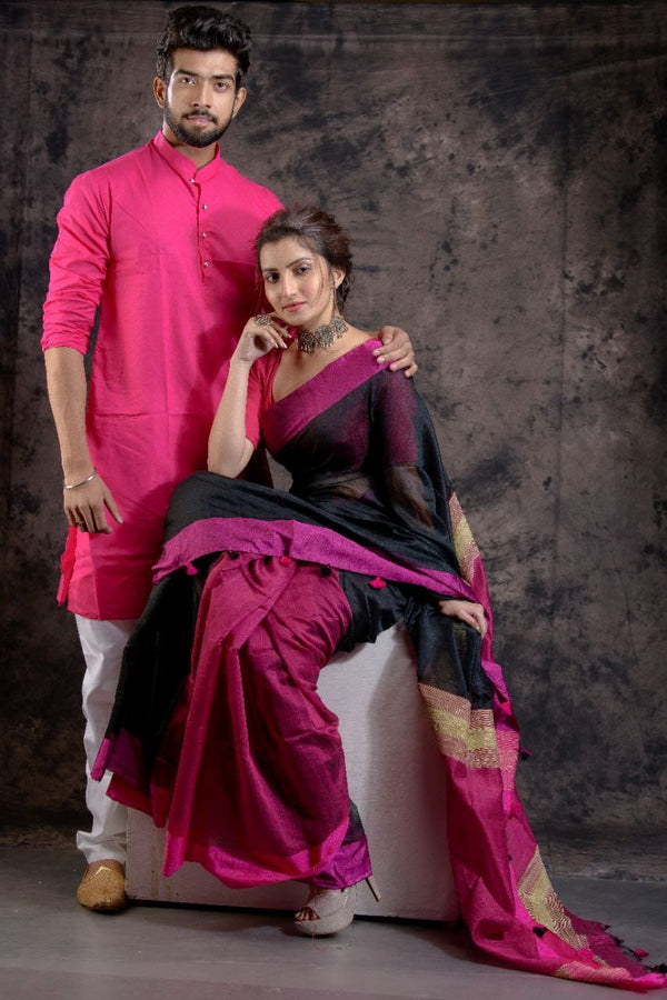 HANDLOOM PINK COLOR SAREE-KURTA COUPLE SET