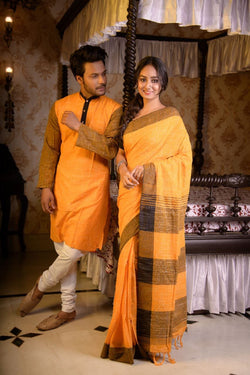 HANDLOOM PURE COTTON JHARNA-KHADI SAREE-KURTA COUPLE SET