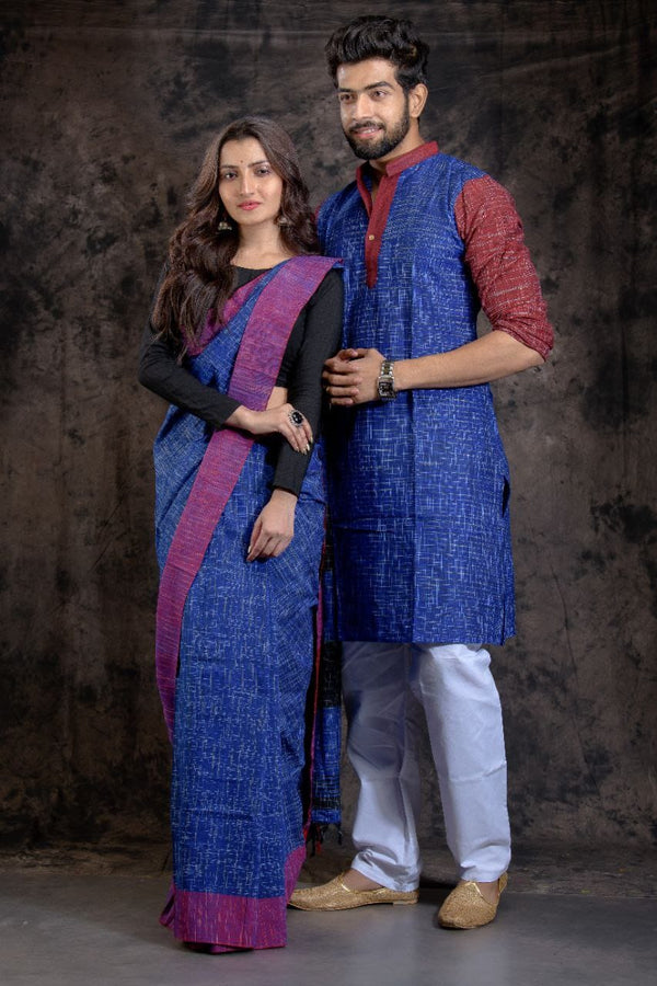 HANDLOOM PURE COTTON JHARNA-KHADI SAREE-KURTA COUPLE SET