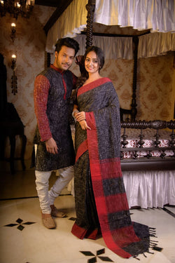 HANDLOOM PURE COTTON JHARNA-KHADI SAREE-KURTA COUPLE SET