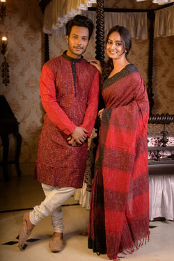 HANDLOOM PURE COTTON JHARNA-KHADI SAREE-KURTA COUPLE SET