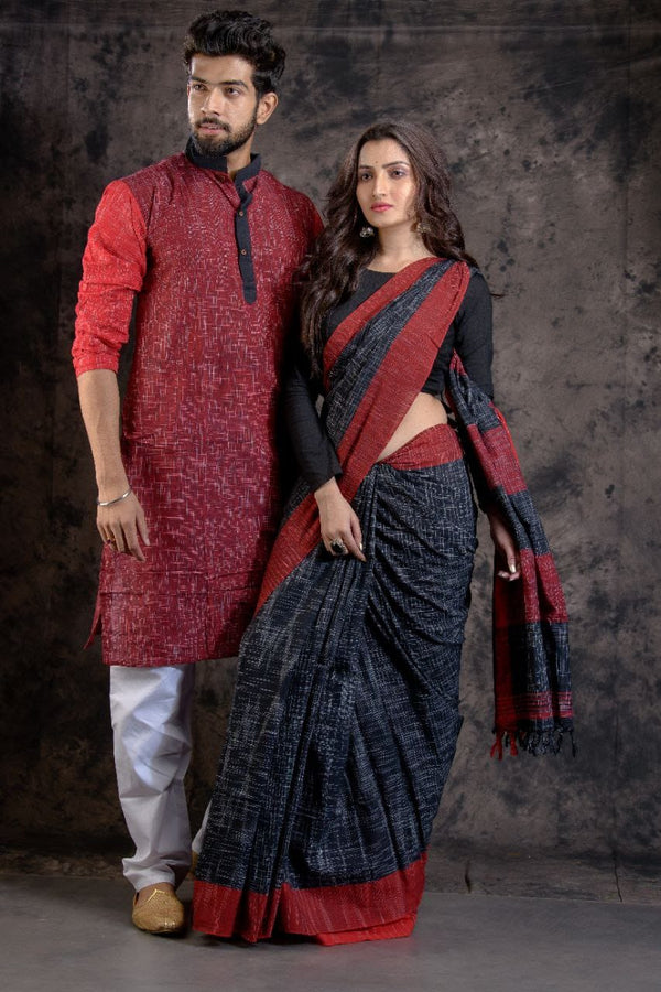 HANDLOOM PURE COTTON JHARNA-KHADI SAREE-KURTA COUPLE SET