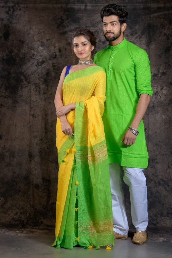 HANDLOOM GREEN COLOR SAREE-KURTA COUPLE SET