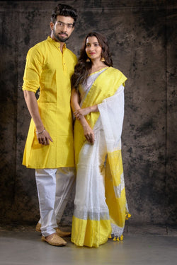 HANDLOOM YELLOW COLOR LINEN SAREE-KURTA COUPLE SET