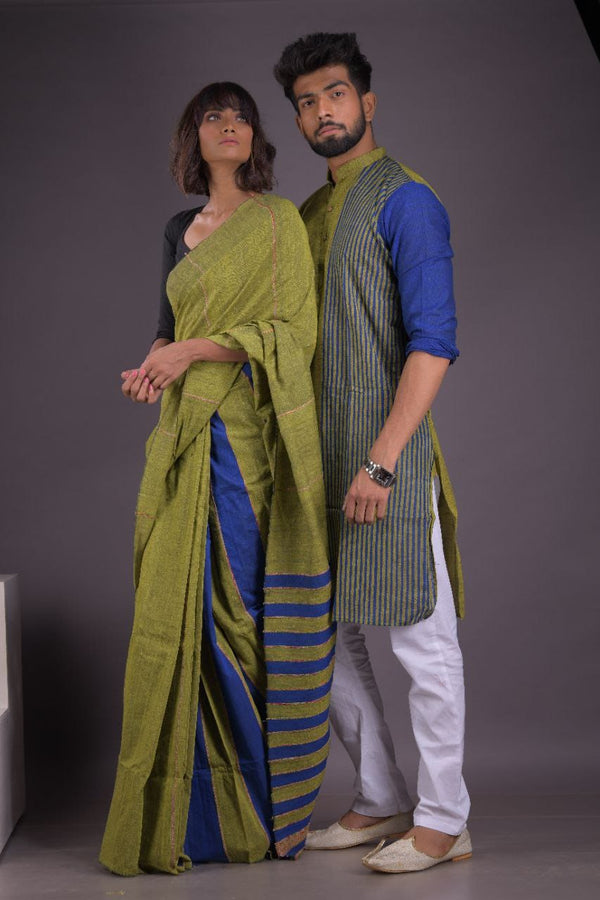 GREEN-BLUE COLOR HANDLOOM PURE COTTON SAREE-KURTA COUPLE SET