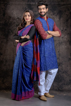 HANDLOOM PURE COTTON JHARNA-KHADI SAREE-KURTA COUPLE SET