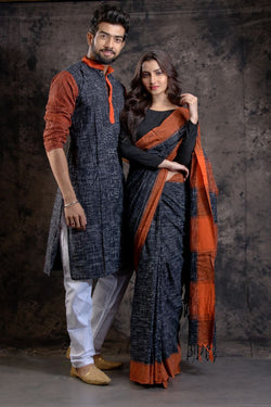 HANDLOOM PURE COTTON JHARNA-KHADI SAREE-KURTA COUPLE SET