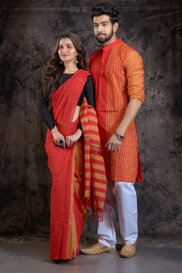 RADICAL RED-HANDLOOM PURE COTTON SAREE-KURTA COUPLE SET