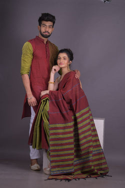 MAROON-GREEN- HANDLOOM PURE COTTON SAREE-KURTA COUPLE SET