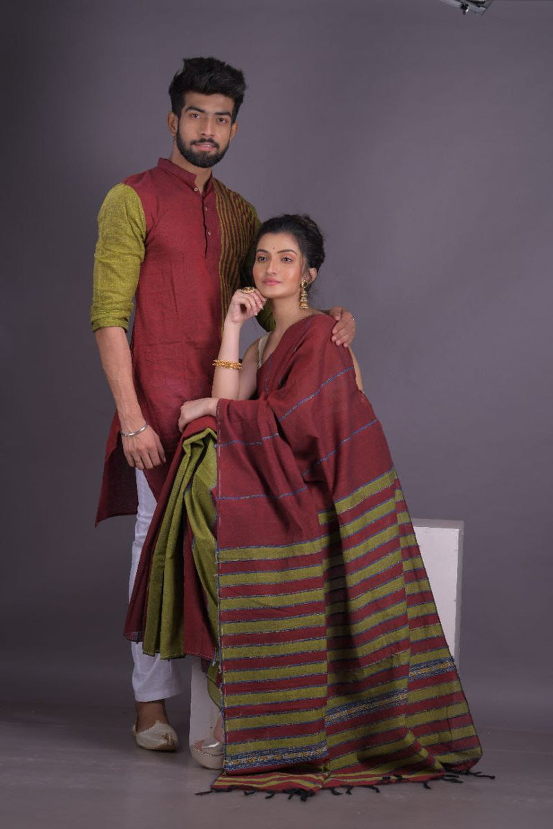 Buy Dheu Handloom Red & Orange Khadi Cotton Saree & Kurta Couple Set-  (Size- S) Online at Best Prices in India - JioMart.