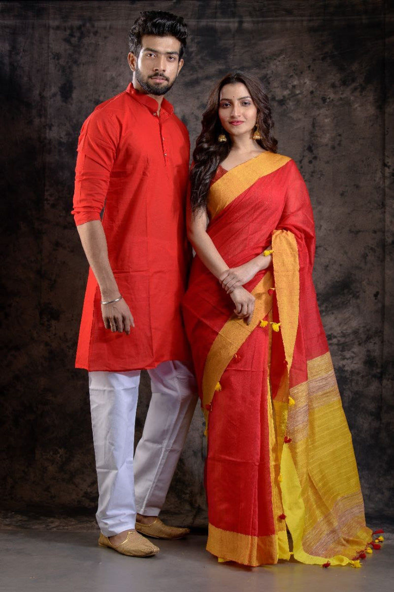 HANDLOOM Red-Mustard Yellow COLOR SAREE-KURTA COUPLE SET