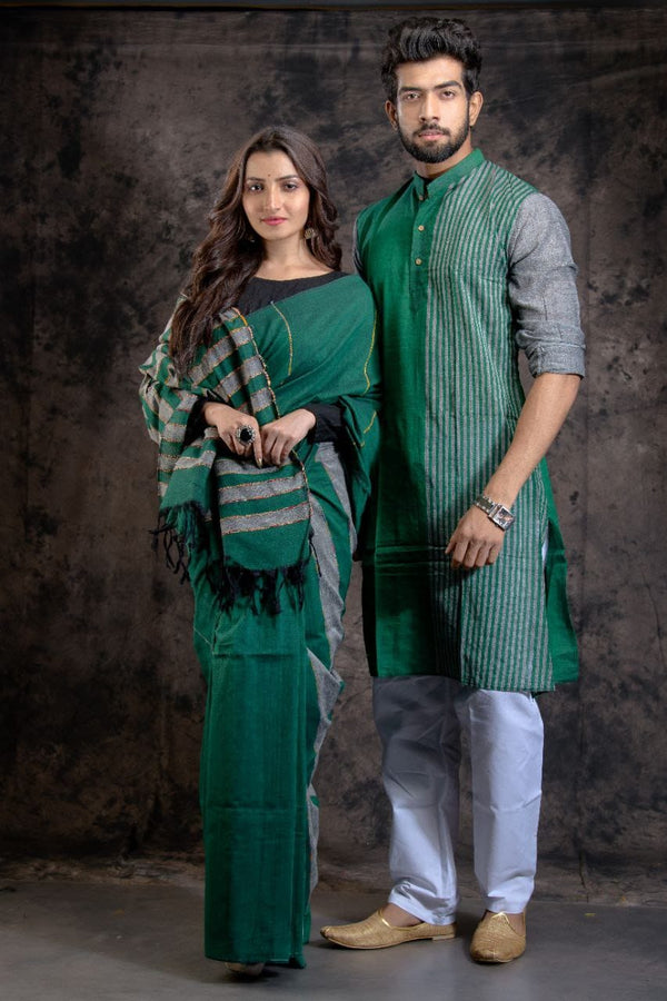 GAMBLE GREEN - HANDLOOM PURE COTTON SAREE-KURTA COUPLE SET