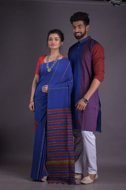 BOLD BLUE-HANDLOOM PURE COTTON SAREE-KURTA COUPLE SET