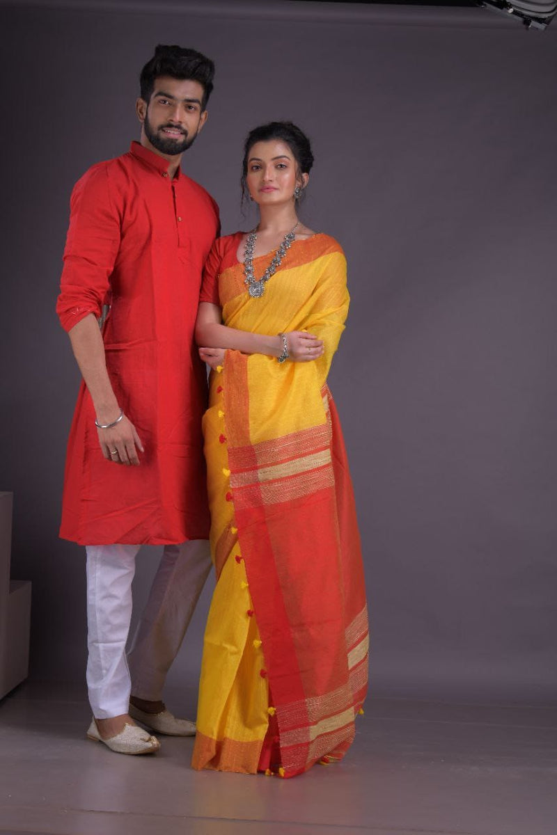 HANDLOOM COTTON-SILK SAREE-KURTA COUPLE SET