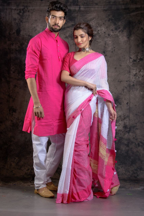 HANDLOOM PINK COLOR SAREE-KURTA COUPLE SET