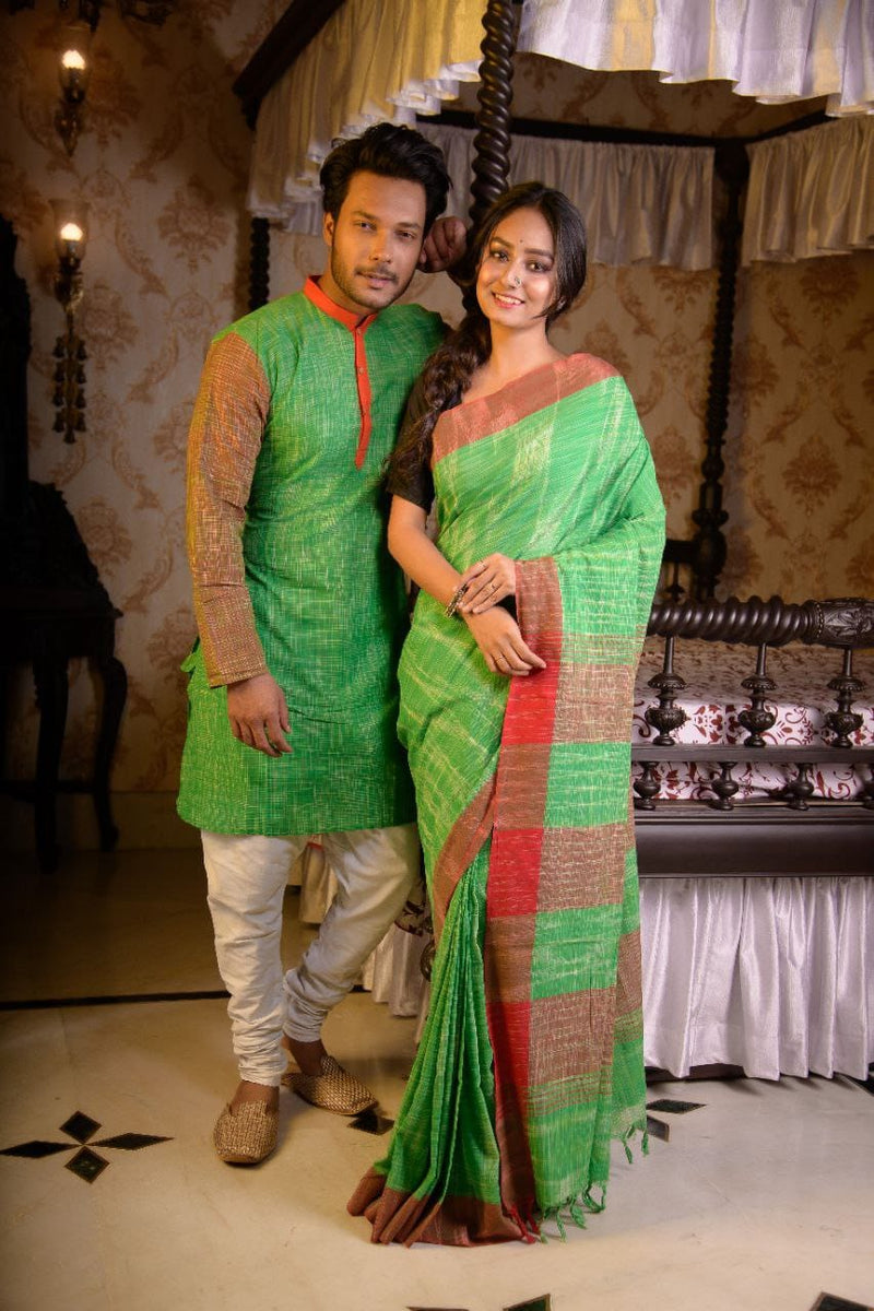 HANDLOOM PURE COTTON JHARNA-KHADI SAREE-KURTA COUPLE SET