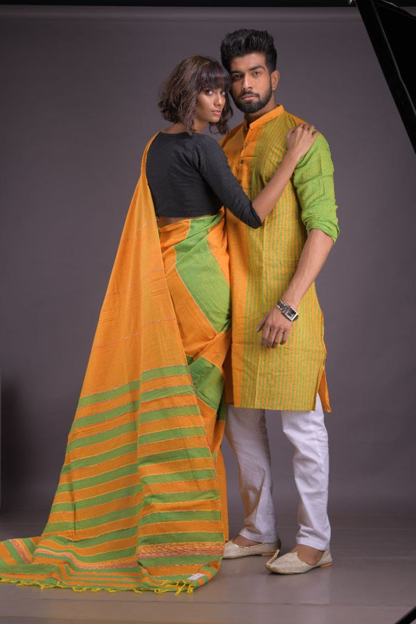 YELLOW-GREEN- HANDLOOM PURE COTTON SAREE-KURTA COUPLE SET