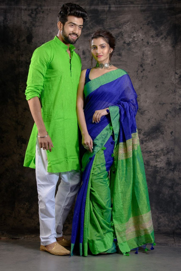 HANDLOOM Blue-Green COLOR SAREE-KURTA COUPLE SET