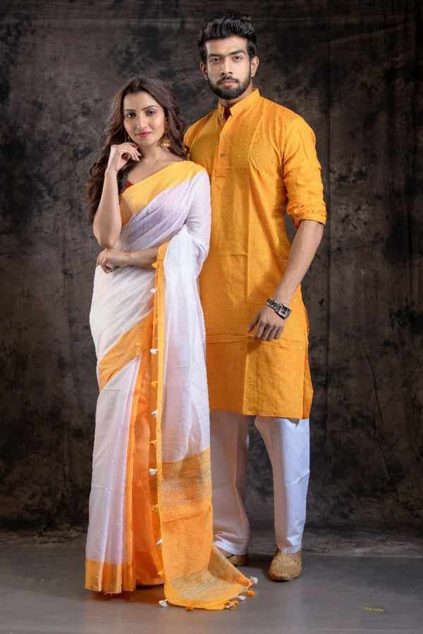 HANDLOOM Mustard Yellow Color SAREE-KURTA COUPLE SET