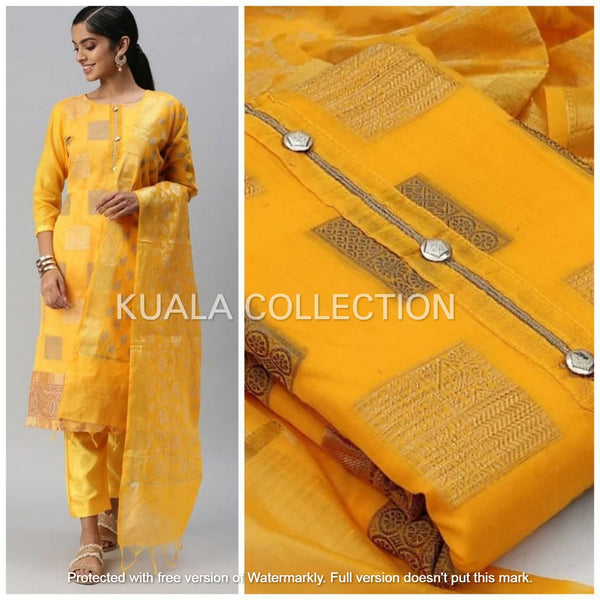 Look Gorgeous by Wearing This Sunflower Yellow  Colored Banarasi Jacard With Satoon Bottom And Jacard Dupatta