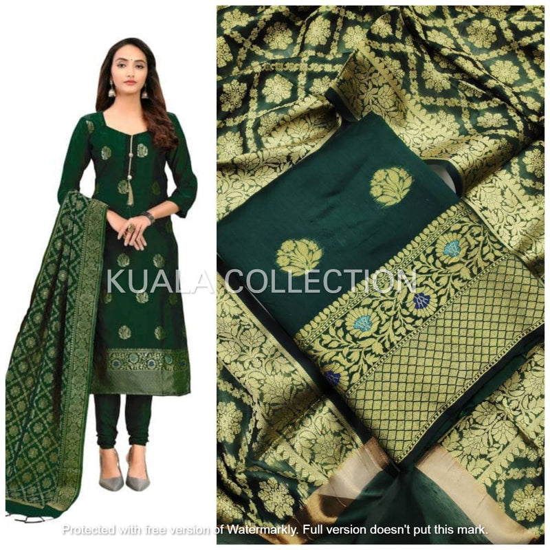 Make Own Identity  by Wearing This Impressive Dark Green Colored Banarasi Punjabi Chudidar With Satoon Bottom And Jacard Dupatta