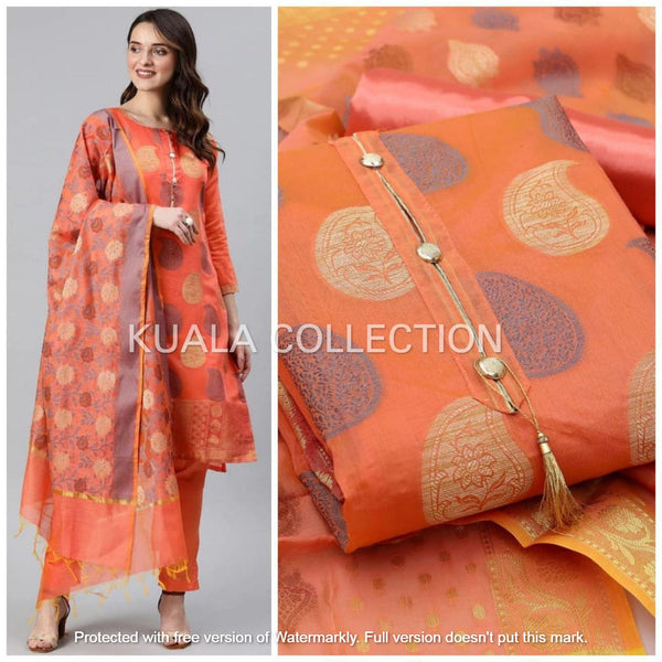 Make Own Identity  by Wearing This Refreshing Orange Colored Banarasi Punjabi Chudidar With Satoon Bottom And Jacard Dupatta