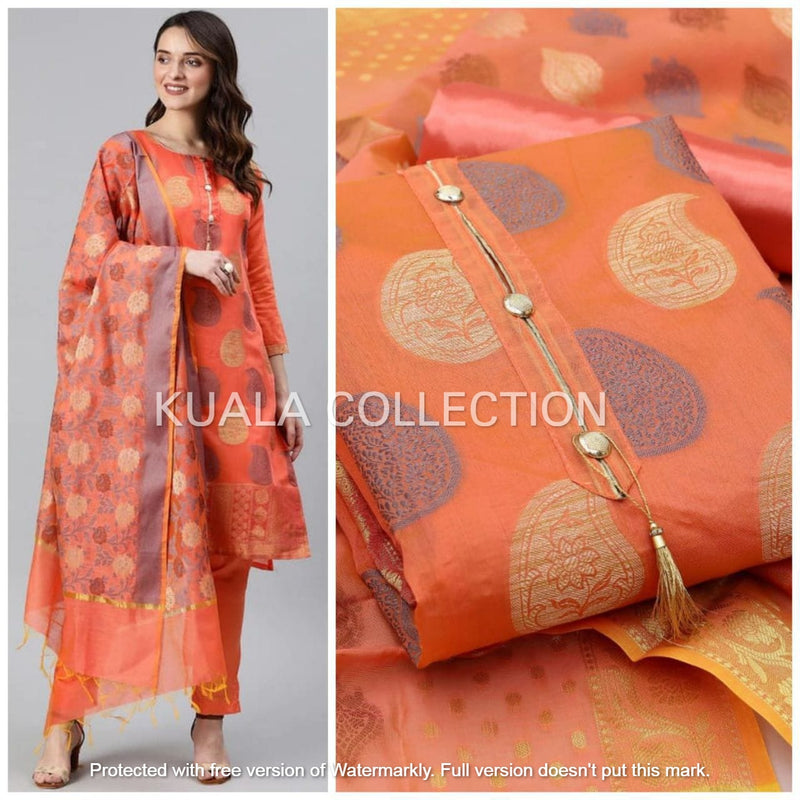 Make Own Identity  by Wearing This Refreshing Orange Colored Banarasi Punjabi Chudidar With Satoon Bottom And Jacard Dupatta