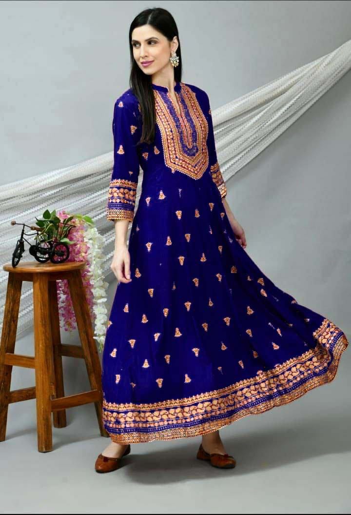 Fancy FoiL Printed Reyon Floor Length Royal  Blue Kurti