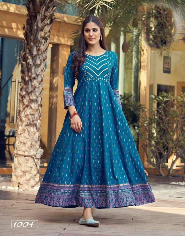 Delightful Rama Blue Heavy Reyon With Pigment Foil Print Gown