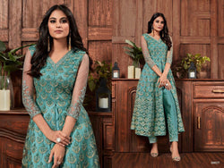 Eye Catching Turquoise colored Embroidery Anarkali