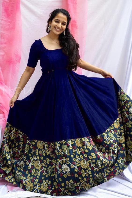 Lovely Royal Blue  Reyon With Printed Patta Floor Length Goun