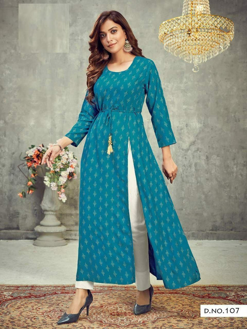 Solid Sky Blue Colored  Heavy Reyon With Digital Kurti