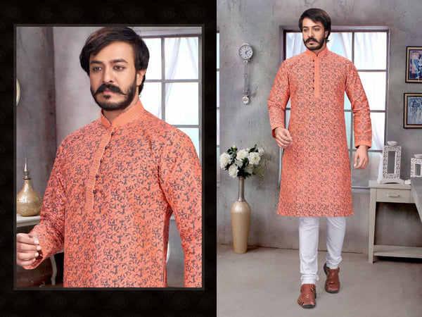 Pure Cotton Mens Wear Kurta Of Embroidery Cording Neck Work