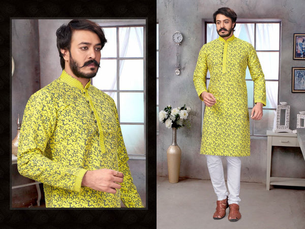 Mens Kurta Of Pista Colored Cotton Print Designer Embroidery Cording Neck Work By Kuala Collection