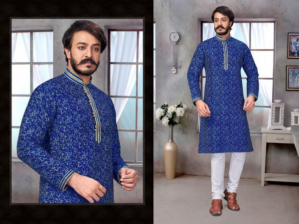 Buy Mens Kurta Of Blue Colored With Neck Work