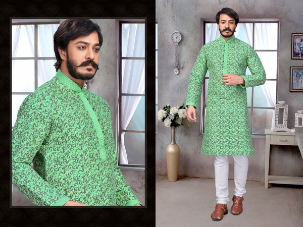 Light Green Colored Mens Kurta With Print